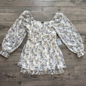 Kenedik Floral Dress Women's XL Long Sleeve Corset Mini Cream Purple Cottagecore